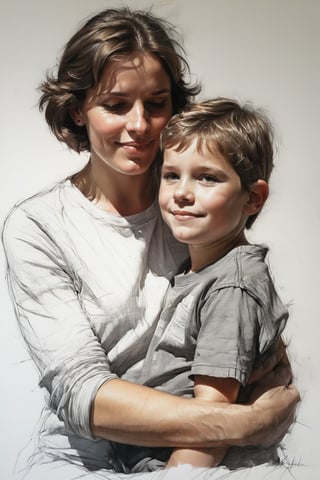 Masterpiece, best quality, dreamwave, aesthetic, portrait: 1 husband 29 years old and 1boy- chield 2 years old, open look, (looking into the eyes), t-shirt, smiling charmingly, short brown hair, sketch, lineart, pencil, white background, portrait by Alexanov, Style by Nikolay Feshin, artistic oil painting stick,charcoal \(medium\),