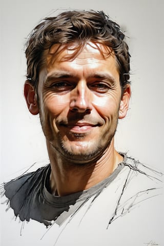 Masterpiece, best quality, dreamwave, aesthetic, portrait: 1 husband 36 years old, open look, (looking into the eyes), t-shirt, smiling charmingly, short brown hair, sketch, lineart, pencil, white background, portrait by Alexanov, Style by Nikolay Feshin, artistic oil painting stick,charcoal \(medium\),