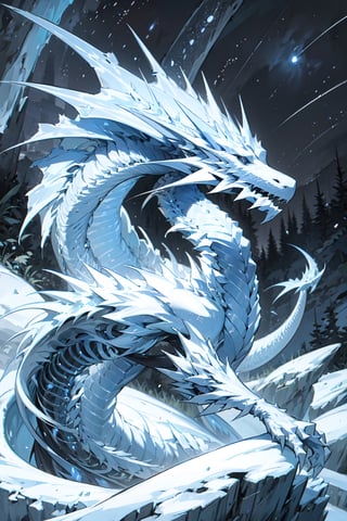 white dragon,starry sky,night,ice world,
 masterpiece, best quality,