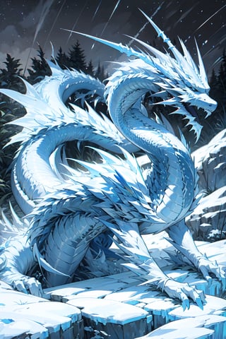 white dragon,ice dragon,starry sky,night,ice world,