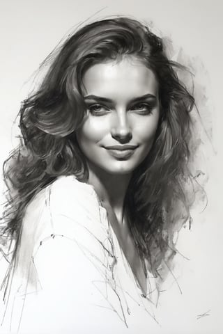 Masterpiece, best quality, dreamwave, aesthetic, 1woman, open look, (looking into the eyes), smiling charmingly sexy, sketch, lineart, pencil, white background, portrait by Katerina Shpitsa russian actress, Style by Nikolay Feshin, artistic oil painting stick,charcoal \(medium\),