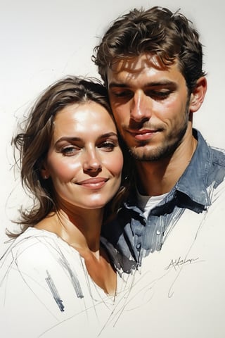 Masterpiece, best quality, dreamwave, aesthetic, portrait: 1 wife, 1 husband 26 years old and 1boy- chield 2 years old, open look, (looking into the eyes), smiling charmingly, short brown hair, sketch, lineart, pencil, white background, portrait by Alexanov, Style by Nikolay Feshin, artistic oil painting stick,charcoal \(medium\),