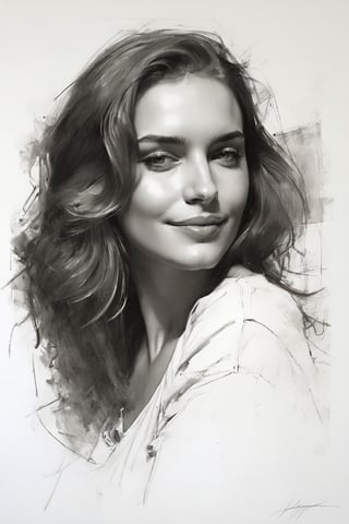 Masterpiece, best quality, dreamwave, aesthetic, 1woman, open look, (looking into the eyes), smiling charmingly sexy, sketch, lineart, pencil, white background, portrait by Katerina Shpitsa russian actress, Style by Nikolay Feshin, artistic oil painting stick,charcoal \(medium\),