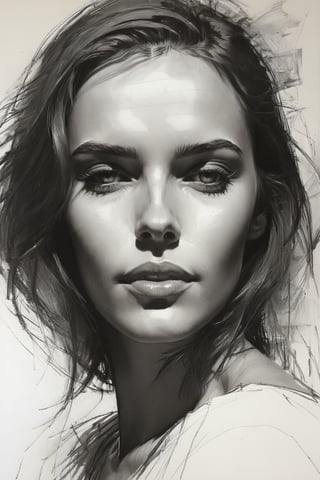 Masterpiece, best quality, dreamwave, aesthetic, 1woman, open look, (looking into the eyes), charming sexy half-smile, sketch, lineart, pencil, white background, portrait by Alizee, Style by Nikolay Feshin, artistic oil painting stick,charcoal \(medium\),