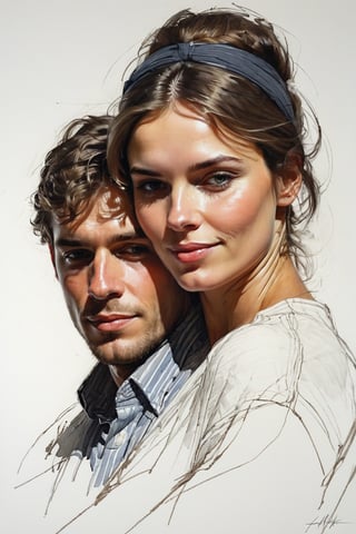 Masterpiece, best quality, dreamwave, aesthetic, portrait: 1 wife, 1 husband 26 years old and 1boy- chield 2 years old, open look, (looking into the eyes), smiling charmingly, short brown hair, sketch, lineart, pencil, white background, portrait by Alexanov, Style by Nikolay Feshin, artistic oil painting stick,charcoal \(medium\),