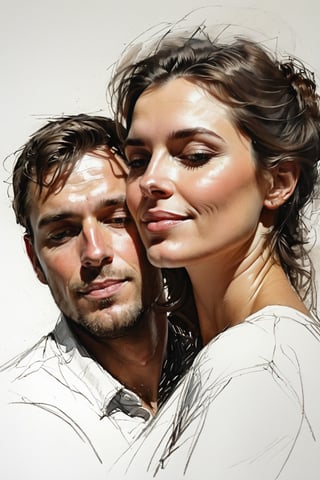 Masterpiece, best quality, dreamwave, aesthetic, portrait: 1 wife, 1 husband 26 years old and 1boy- chield 2 years old, open look, (looking into the eyes), smiling charmingly, short brown hair, sketch, lineart, pencil, white background, portrait by Alexanov, Style by Nikolay Feshin, artistic oil painting stick,charcoal \(medium\),