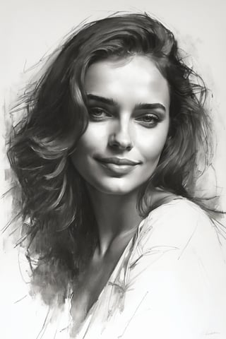 Masterpiece, best quality, dreamwave, aesthetic, 1woman, open look, (looking into the eyes), smiling charmingly sexy, sketch, lineart, pencil, white background, portrait by Katerina Shpitsa russian actress, Style by Nikolay Feshin, artistic oil painting stick,charcoal \(medium\),