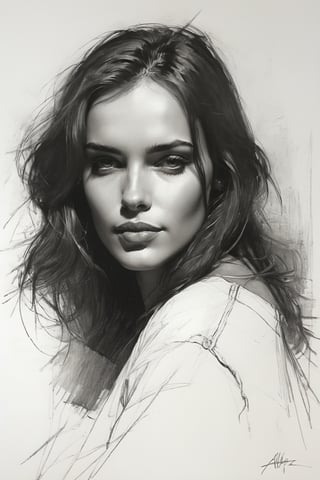 Masterpiece, best quality, dreamwave, aesthetic, 1woman, open look, (looking into the eyes), charming sexy half-smile, sketch, lineart, pencil, white background, portrait by Alizee, Style by Nikolay Feshin, artistic oil painting stick,charcoal \(medium\),