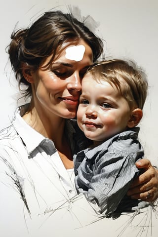 Masterpiece, best quality, dreamwave, aesthetic, portrait: 1 wife, 1 husband and 1boy- chield 2 years old, open look, (looking into the eyes), smiling charmingly, short brown hair, sketch, lineart, pencil, white background, portrait by Alexanov, Style by Nikolay Feshin, artistic oil painting stick,charcoal \(medium\),