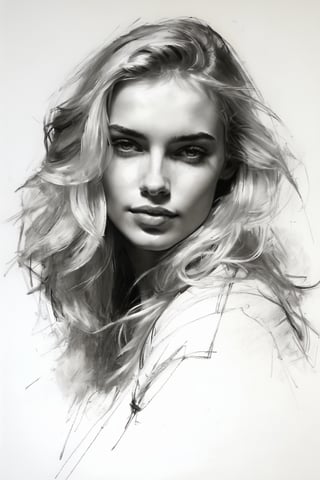 Masterpiece, best quality, dreamwave, aesthetic, 1woman, open look, (looking into the eyes), charming sexy half-smile, blonde hair, sketch, lineart, pencil, white background, portrait by Katerina Shpitsa russian actress, Style by Nikolay Feshin, artistic oil painting stick,charcoal \(medium\),