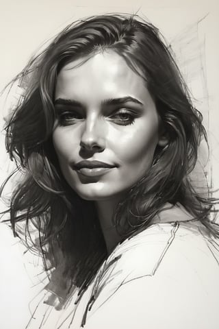 Masterpiece, best quality, dreamwave, aesthetic, 1woman, open look, (looking into the eyes), smiling charmingly sexy, sketch, lineart, pencil, white background, portrait by Katerina Shpitsa russian actress, Style by Nikolay Feshin, artistic oil painting stick,charcoal \(medium\),