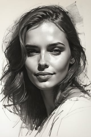 Masterpiece, best quality, dreamwave, aesthetic, 1woman, open look, (looking into the eyes), smiling charmingly sexy, sketch, lineart, pencil, white background, portrait by Katerina Shpitsa russian actress, Style by Nikolay Feshin, artistic oil painting stick,charcoal \(medium\),