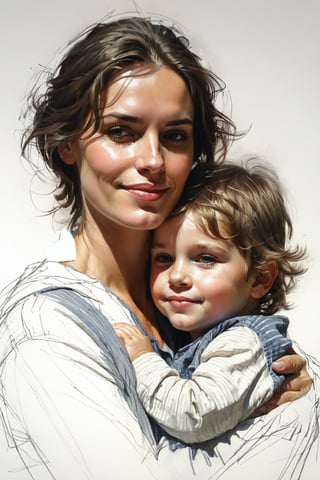 Masterpiece, best quality, dreamwave, aesthetic, portrait: 1 wife, 1 husband 26 years old and 1boy- chield 2 years old, open look, (looking into the eyes), smiling charmingly, short brown hair, sketch, lineart, pencil, white background, portrait by Alexanov, Style by Nikolay Feshin, artistic oil painting stick,charcoal \(medium\),