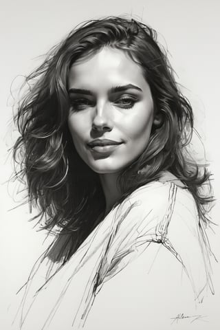 Masterpiece, best quality, dreamwave, aesthetic, 1woman, open look, (looking into the eyes), smiling charmingly sexy, sketch, lineart, pencil, white background, portrait by Alizee, Style by Nikolay Feshin, artistic oil painting stick,charcoal \(medium\),