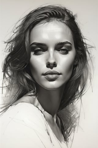 Masterpiece, best quality, dreamwave, aesthetic, 1woman, open look, (looking into the eyes), charming sexy half-smile, sketch, lineart, pencil, white background, portrait by Alizee, Style by Nikolay Feshin, artistic oil painting stick,charcoal \(medium\),