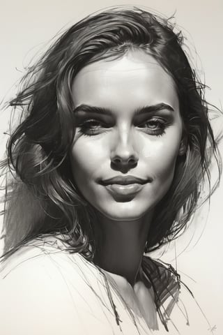 Masterpiece, best quality, dreamwave, aesthetic, 1woman, open look, (looking into the eyes), smiling charmingly sexy, sketch, lineart, pencil, white background, portrait by Alizee, Style by Nikolay Feshin, artistic oil painting stick,charcoal \(medium\),