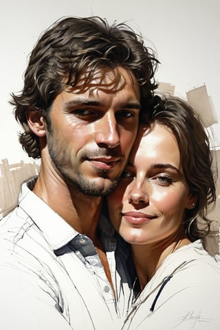 Masterpiece, best quality, dreamwave, aesthetic, portrait: 1 wife, 1 husband 26 years old and 1boy- chield 2 years old, open look, (looking into the eyes), smiling charmingly, short brown hair, sketch, lineart, pencil, white background, portrait by Alexanov, Style by Nikolay Feshin, artistic oil painting stick,charcoal \(medium\),