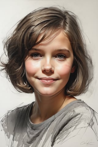 Masterpiece, best quality, dreamwave, aesthetic, 1girl- chield 4 years old, open look, (looking into the eyes), smiling charmingly, short brown hair, bob hairstyle, sketch, lineart, pencil, white background, portrait by Alexanov, Style by Nikolay Feshin, artistic oil painting stick,charcoal \(medium\), 