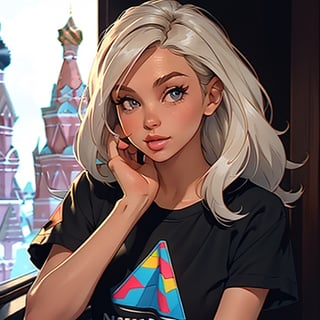 Beautiful European girl Instagram blogger makes ((travel content)) ((about Moscow)), blurred background in perspective distortion + Bokeh, modern clothes, on the T-shirt on the left side there is a brand logo ((triangle + Nick Alex inscription underneath)), detailed hands, detailed body, detailed face, detailed hair, girl at VDNH,