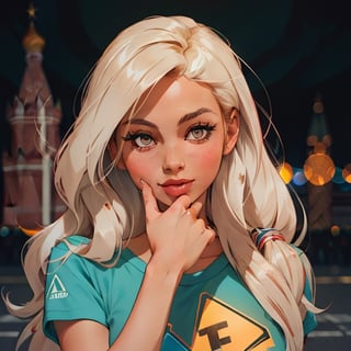 Beautiful European girl Instagram blogger makes ((travel content)) ((about Moscow)), blurred background in perspective distortion + Bokeh, modern clothes, on the T-shirt on the left side there is a brand logo ((triangle + Nick Alex inscription underneath)), detailed hands, detailed body, detailed face, detailed hair, girl at VDNH,