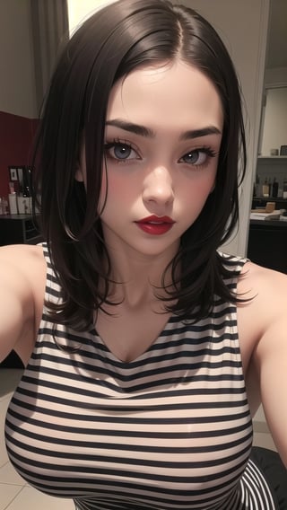 SMMars, girl, black_hair, short_hair, pale_skin, skinny, big_boobs, big_breast, night_dress, red_lips, red_lipstick, eye_brows, brown_eyes, beatiful, top_model, masterpiece, side_hair, hair_style, cleavage