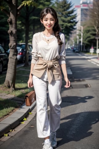 korean girl ,20 years old ,ponytail hair,4k,korean idol ,lovely ,beige cardigan,white sneakers,white long pants,brown hair,necklace,white shirt,real skin,morning sunlight,stand,smile