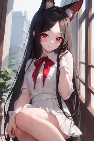 (masterpiece, sidelighting, finely detailed beautiful eyes: 1.2), cute girl, fox ears, black hair, long hair, red eyes:1.2, white blouse, black skirt:1.4, short skirt, forehead, red_ribbon