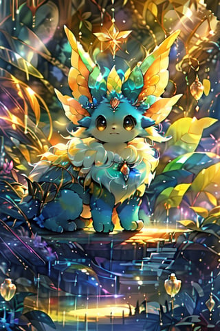 A majestic, mythical creature emerges from the misty veil of a mystical forest, bathed in an aura of enchantment. Amidst a tapestry of emerald green and sapphire blue, radiant water droplets dance across the scene, refracting light into a kaleidoscope of colors. The creature's delicate features gleam with an ethereal glow, as if infused with magic. Its fur shimmers like white silk in the soft, golden light, drawing the viewer's eye to its mesmerizing, detailed design. This 4K masterpiece is a painting come to life, a symphony of vibrant hues and textures that transports the observer to a world of wonder, Animal that does not exist in real life.