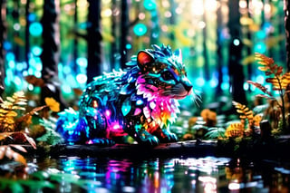 A cute fantasy animal in a forest surrounded by water and light particles, magic world, beautiful, vibrant colors, eye catching, detailed, 4k, 