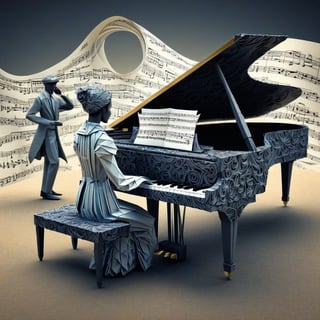 A origami piano player made from folded sheetmusic, enchanting ambiance, HDR, beautifully shot, hyperrealistic, sharp focus, 64 megapixels, perfect composition, high contrast, cinematic, atmospheric, moody, abstract vector fractal, wave function, Zentangle, 3d shading