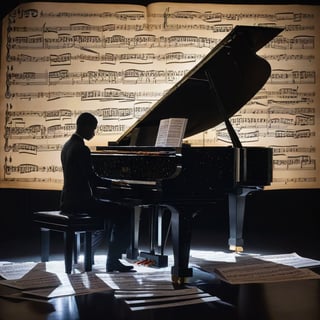 A surreal scene where a humanoid figure, seemingly made of sheet music, is seated at a grand piano. The figure's body and the piano are both intricately covered in musical notes and symbols. The background is dark, punctuated by glowing orbs, and the floor is covered in sheets of music. The piano's lid is open, revealing a sheet music book placed on it. The entire setting exudes a magical and ethereal ambiance, suggesting a deep connection between the figure and the world of music.