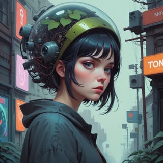 A graphic split between the personification of nature and the personification of technology, graphic shape canvas, CEH_ai, street art, temporary art, ((tonalism)), near zero guidance, all is revealed, Mixed emotions and art styles, kuvshinov, rossdraws, tom bagshaw, alphonse mucha, , professional ominous concept art, by artgerm and greg rutkowski, an intricate, elegant, highly detailed digital painting, concept art, smooth, sharp focus, illustration, in the style of simon stalenhag, wayne barlowe, and igor kieryluk.