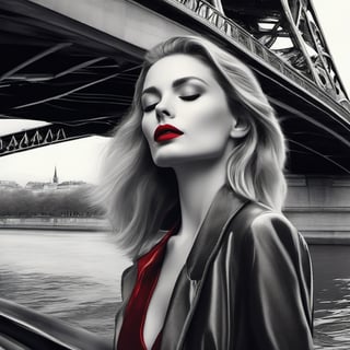 SelectiveColorStyle, b&w with spotcolor of red, ink stained wash painting. A fashion perfume model grey woman with her eyes closed. Shiny Red lipstick. Bridge overlooking the seine. Best quality with insane detail and sharp focus. Niji style