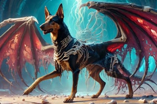 A majestic eldritch dracolich-dog german shepherd doberman mix, on bioluminescent hellish world background, bones, sinew, stringy sinew, anatomical heart, neck vertebrae, curved wings, soft lighting, sharp focus, by Marc Simonetti & Yoji Shinkawa & WLOP, paint drops, rough edges, trending on artstation, studio photo, intricate details, highly detailed,DracolichXL24