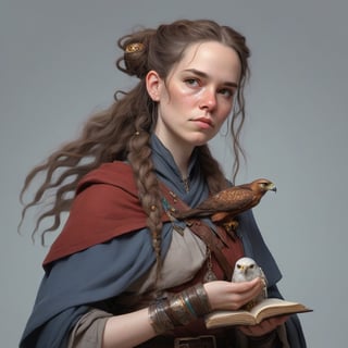 A fantasy character concept portrait of a human wizard woman with pale complexion, subtle freckles, mousy brown messy long hair pulled back in a low messy bun, ((face reminiscent of natalie_merchant)), clever grey eyes, skeptical annoyed condescending expression, worn and layered traveling wizard clothing adorned with various magical trinkets, a spellbook and potion vials attached to her belt, and a magical red-tailed hawk perched on her shoulder. The background is detailed, with a captivating composition and color, blending fantasy and realism 