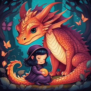 dreamy, pop surrealism, conceot art illustration || a chibi witch hugging giant cute baby dragon, chonker fat dragon baby, squishy and plush, wiggly, fun adorable sweet || whimsical, impossible dream, fantasycore art, semirealistic, dan mumford and anna dittmann, chris riddell