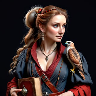 A character concept portrait of a human wizard woman with pale complexion, mousy messy long hair pulled back in a low messy bun, ((face reminiscent of Jane Seymour)), clever grey eyes, skeptical annoyed condescending expression, worn and layered traveling wizard clothing adorned with various magical trinkets, a spellbook and potion vials attached to her belt, and a magical red-tailed hawk perched on her shoulder. The background is detailed, with a captivating composition and color, blending fantasy and realism 