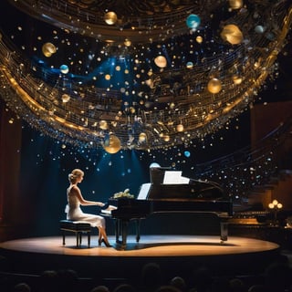 A whimsical scene where a figure, seemingly crafted from sheets of music, is seated at a grand piano. The figure appears to be playing the piano, with sheets of music billowing around it. The piano itself is intricately designed, with a shiny, reflective surface. The background is dimly lit, with glowing orbs scattered around, adding to the magical ambiance. The entire setting is placed on a vast sheet of music, emphasizing the theme of music and performance.