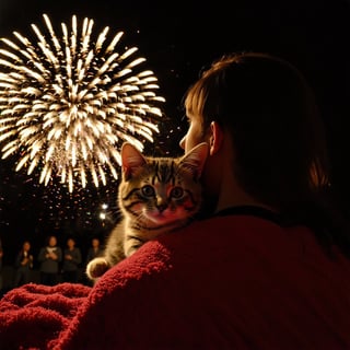 In the warm glow of a starry night, a tiny kitten cowers behind its owner's shoulder, face pressed against their chest as if seeking shelter from the vibrant fireworks bursting above. The human cradles the nervous kitten close, smiling softly as they gaze down at the precious creature. Silhouetted figures on blankets in the background revel in the spectacle, while the kitten and owner share a tender moment of trust and love, bathed in the enchanting ambiance of a 4th of July celebration.