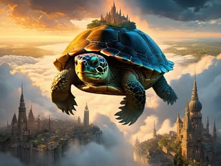 Double exposure Watercolor and oil painting of a Beautiful city on top of a Giant turtle above the clouds, extremely beautiful nature, Epic masterpiece, sunny lighting by awwchang, concept art, environment design, cgsociety, Tim burton, joel rea, greg rutowski, yuumei, rule of thirds, fantasy, Dream, vibrant, perfect composition, beautiful detailed intricate insanely detailed, trending on artstation, soft natural volumetric cinematic perfect light, chiaroscuro, award - winning illustration, masterpiece, oil on canvas, beeple, beksinski, giger, whimsical ethereal fantastical, trending on artstation, sharp focus, soft light, rough edges, paint drops, glow