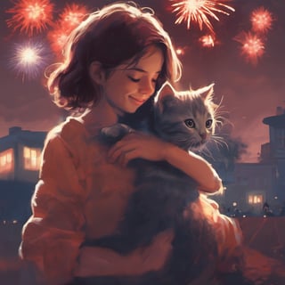 a kitten's first 4th of july, the kitten is hiding from the fireworks by hiding its face, pressing its face to its owner's shoulder or chest. the person looks at the kitten and cradles the kitten close, a smile on their face. in the background other silhouetted people are sitting on outdoor blankets and looking up at the fireworks. greg rutowski, liz gael, (style of Atey Ghailan:0.8), (by Yoshitaka Amano), ashraful arefin, Cyril Rolando, Jeremy Mann, Fabian Perez, Enchanting ambiance, ultra realistic illustration, fantastical, (chiaroscuro:1.2), intricate, digital oil painting, Night, complex_background