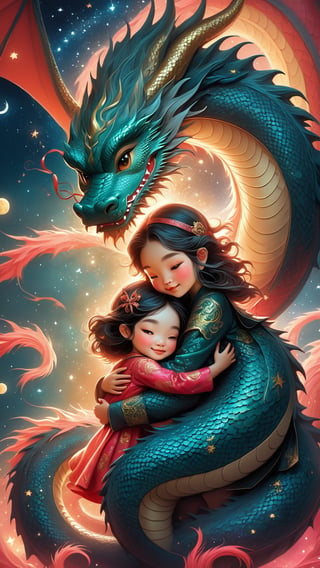 dreamy, pop surrealism, concept art illustration || "a cute witch hugging giant cute chinese dragon", fun adorable sweet, sparkles, lunar new year, || whimsical, impossible dream, fantasycore art, semirealistic, dan mumford and anna dittmann, chris riddell,PetDragon2024xl,niji style