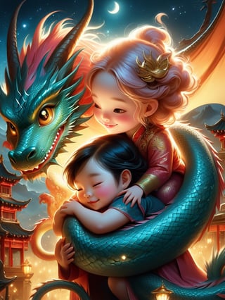 dreamy, pop surrealism, concept art illustration || "a cute witch hugging giant cute chinese dragon", fun adorable sweet, sparkles, lunar new year, || whimsical, impossible dream, fantasycore art, semirealistic, dan mumford and anna dittmann, chris riddell,PetDragon2024xl,niji style