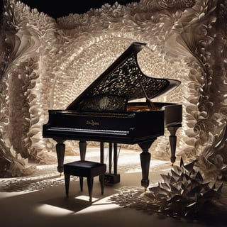 A whimsical world of wonder! 

In a dimly lit, ornate music hall, a majestic origami piano player unfurls amidst swirling clouds of paper-sheet-music, like a celestial being conjured from the cosmos. The room's intricate, fractal-inspired patterns evoke Zentangle's meditative essence.

The piano itself, crafted from delicate folds of music sheets, glows with an ethereal light, as if infused with the harmony and rhythm that fills the air. The player's paper-thin figure is poised, fingers poised to play a haunting melody on the instrument's intricately folded keys.

A wave of bokeh ripples across the frame, softening the edges of the scene while maintaining razor-sharp focus on the origami pianist. High-contrast lighting casts dramatic shadows, accentuating the 3D shading and textures of the paper sculpture.

In this dreamlike atmosphere, time seems to warp and bend, as if the very fabric of reality is being manipulated by the player's fingers. The camera captures every detail with hyperrealistic clarity, a 64-megapixel masterpiece that transports viewers into this fantastical realm.