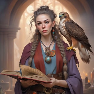 A fantasy character concept portrait of a human wizard woman with pale complexion, subtle freckles, mousy brown messy long hair pulled back in a low messy bun, ((face reminiscent of  rita moreno)), clever grey eyes, skeptical annoyed condescending expression, worn and layered traveling wizard clothing in earthy colors adorned with various colorful magical trinkets, a spellbook and potion vials attached to her belt, and a magical red-tailed hawk perched on her shoulder. The background is detailed, with a captivating composition and color, blending fantasy and realism 