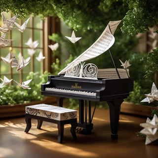 A paper-sheet-music piano player crafted from intricate origami folds, amidst a whimsical fairytale atmosphere. The scene is set in a dimly lit, ornate conservatory with lush greenery and delicate chandeliers.

The origami musician's fingers dance across the piano keys, as if conducting an ethereal melody. The paper sheets flutter like wispy clouds around them, infused with a soft, warm light. A subtle bokeh effect surrounds the subject, with intricate details of the music sheets visible in the blurred background.

The 64-megapixel render captures every delicate fold and crease on the origami figure's face, hands, and clothing. High contrast enhances the dramatic lighting, casting long shadows across the room. Cinematic in its composition, the image is balanced by the play of light and dark.

In the distance, an abstract vector fractal unfolds like a celestial tapestry, echoing the intricate patterns found in Zentangle art. The wave function of reality seems to bend, as if the origami musician has woven a sonic spell that transcends dimensions.

The 3D shading on the origami figure appears almost tactile, with subtle creases and folds giving depth to their delicate features. The overall effect is hyperrealistic, drawing the viewer into this enchanting, dreamlike atmosphere.