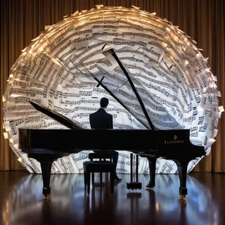 An enchanting and whimsical scene of a figure, seemingly sculpted from sheets of music, seated at a grand, reflective piano. The figure gracefully plays the piano, surrounded by billowing music sheets that dance around it. The intricate piano design reflects the magical ambiance, while dimly lit glowing orbs scatter the background. This mesmerizing scene is set upon a vast sheet of music, highlighting the theme of music and performance in an ethereal and magical way.