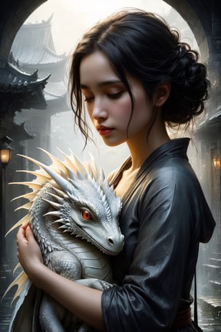 Dark romance fantasy art style, cute sad style, "a melancholy woman hugging a small white dragon", comfort, emotional support pet, Masterpiece, Intricate, Insanely Detailed, Art by todd lockwood, chris rallis, anna dittmann, Kim Jung Gi, Gregory Crewdson, Yoji Shinkawa, Guy Denning, Textured!!!!, Chiaroscuro!, actionpainting, best quality, masterpiece,PetDragon2024xl,niji style