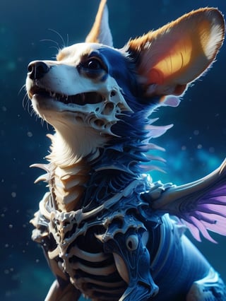 A funny eldritch skull-headed dracolich corgi, cute style, on bioluminescent navy blue galaxy wave, bones, neck vertebrae, curved wings, soft lighting, sharp focus, by Marc Simonetti & Yoji Shinkawa & WLOP, paint drops, rough edges, trending on artstation, studio photo, intricate details, highly detailed,DracolichXL24,alien