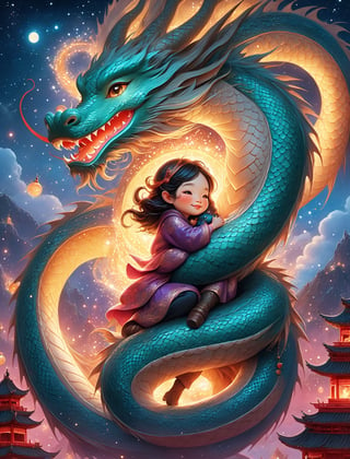 dreamy, pop surrealism, concept art illustration || "a cute witch hugging giant cute chinese dragon", fun adorable sweet, sparkles, lunar new year, || whimsical, impossible dream, fantasycore art, semirealistic, dan mumford and anna dittmann, chris riddell,PetDragon2024xl,niji style